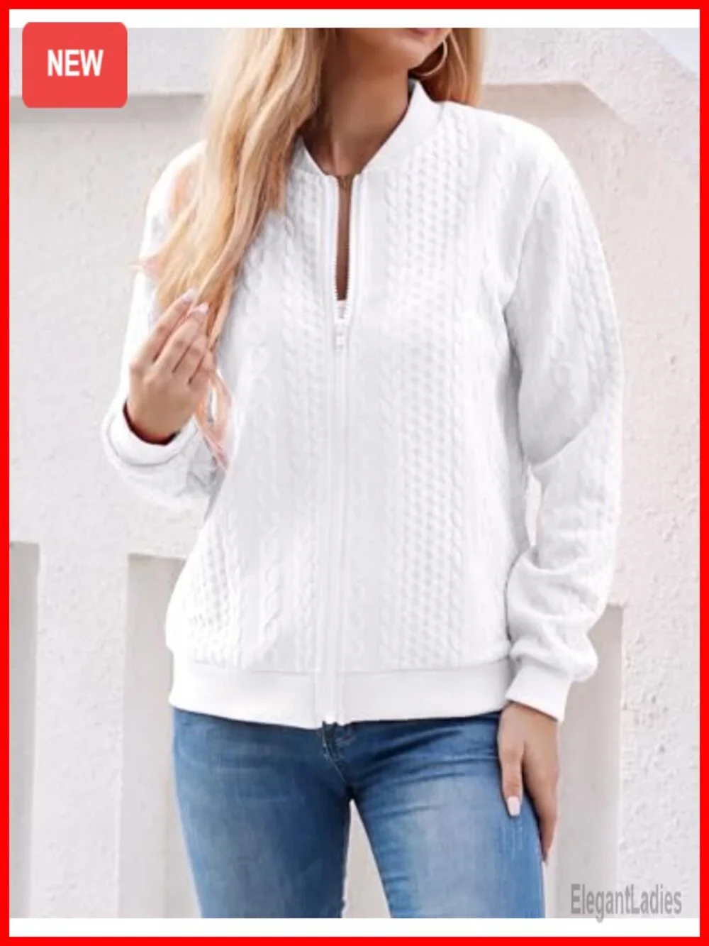 Zip Up Cardigan Sweater Cable Knit Long Sleeve Crewneck Coat Women